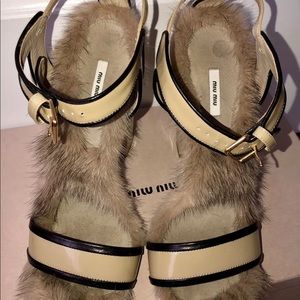 Authentic Prada Miu Miu mink fur enamel strap Shoe